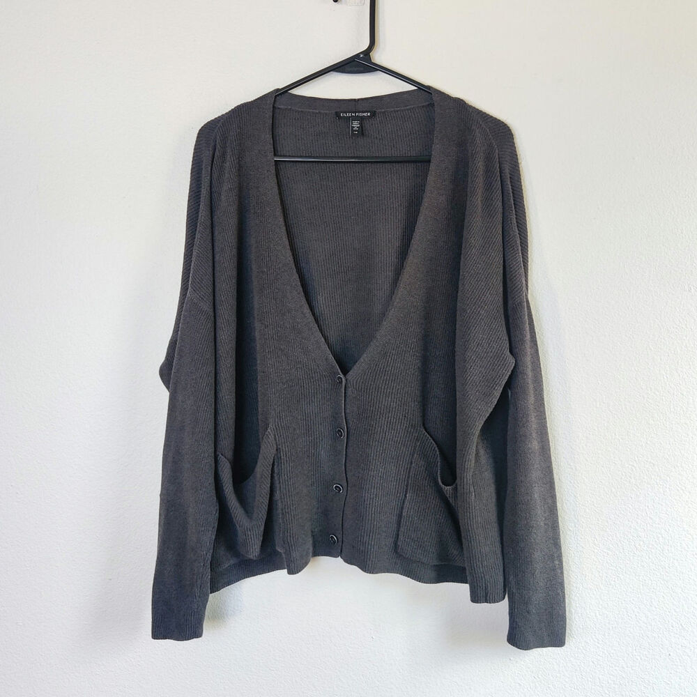 Eileen Fisher Organic Linen Cotton Rib Knit Boxy V Neck Cardigan Large Gray